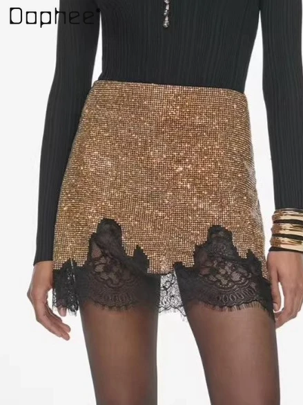 

2025 Autumn Winter New Fashion Light Luxury Lace Trim Rhinestone Versatile Slim Mini Skirt American Style Hot Girl A-line Skirts