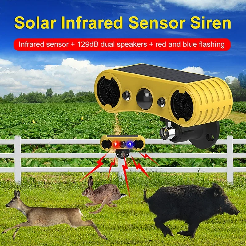 Solar Motion Sensor Alarm LED Red & Blue Strobe Light 18650 Outdoor Battery Beast Repelling Device Driving Security Alert System