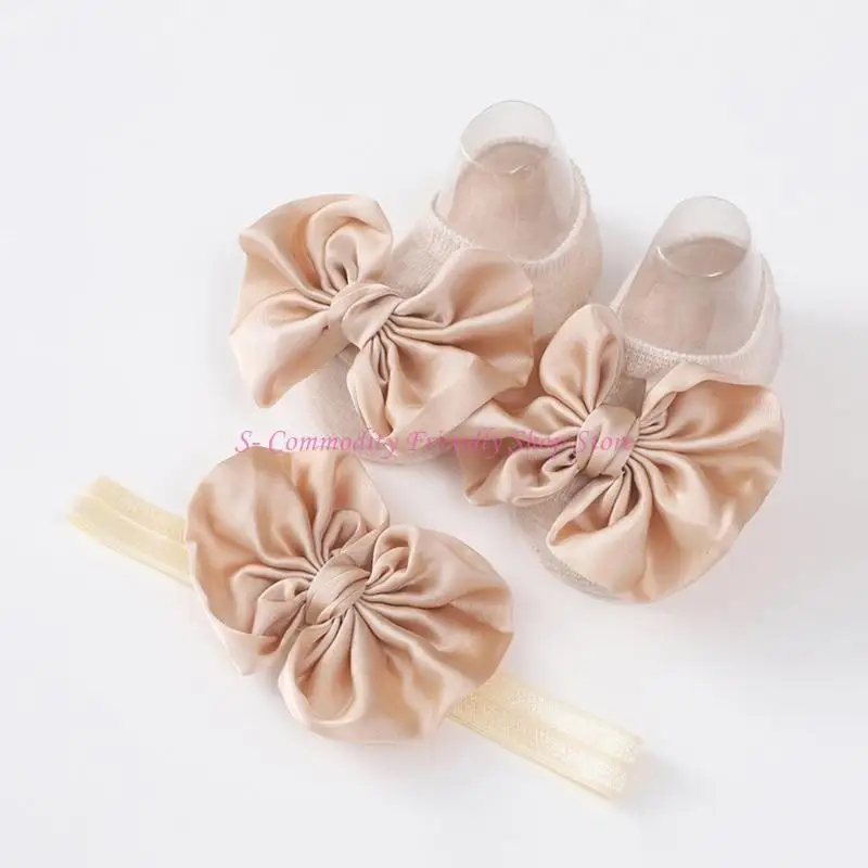 

85AE Baby Non-Slip Floor Socks & Bow Headbands Breathable Bowtie Socks FirstWalkers Shoes Infant Elastic Hairband Shower Gift