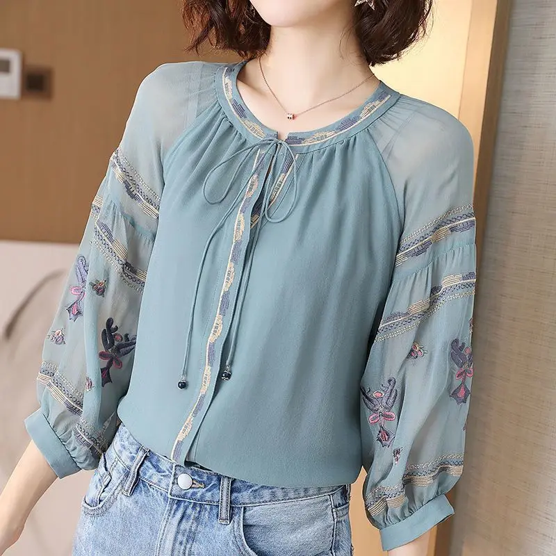 Spring and Autumn Women's Pullover Round Neck Lace Up Embroidery Solid Color Lantern 3/4 Sleeve Chiffon Tee T-shirt Tops