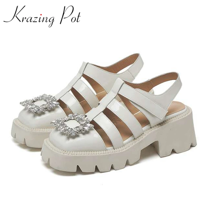 

Krazing Pot Brand Cow Leather Square Toe Summer Shoes Fashion Flat With Hollow-carved Platform Casual Ins Crystal Women Sandals
