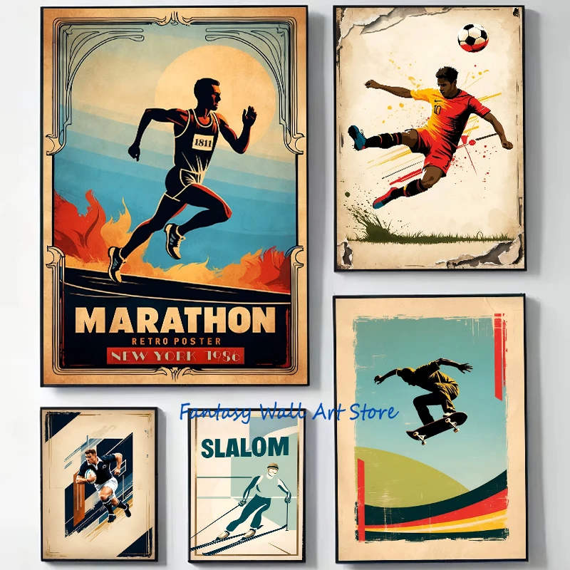 Sports Rugby Track and Field Ski Skate Soccer Golf Tennis Vintage Style Sports Poster Canvas Painting Wall Pictures Home Decor