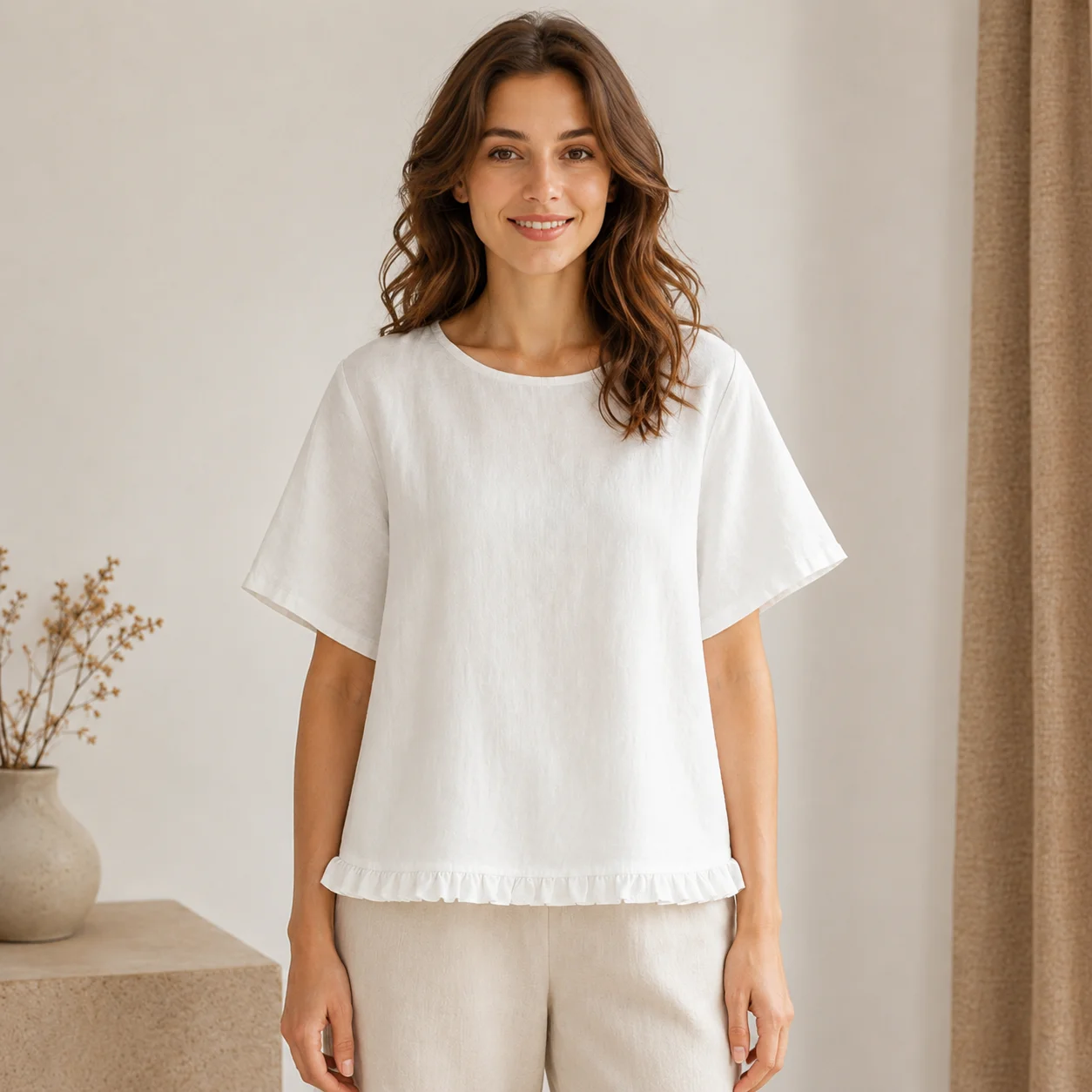 EOENKKY Women Cotton Ruffle Hem Blouse Loose Fit Round Neck Short Sleeve Top Back Tie Keyhole Summer Casual Shirt