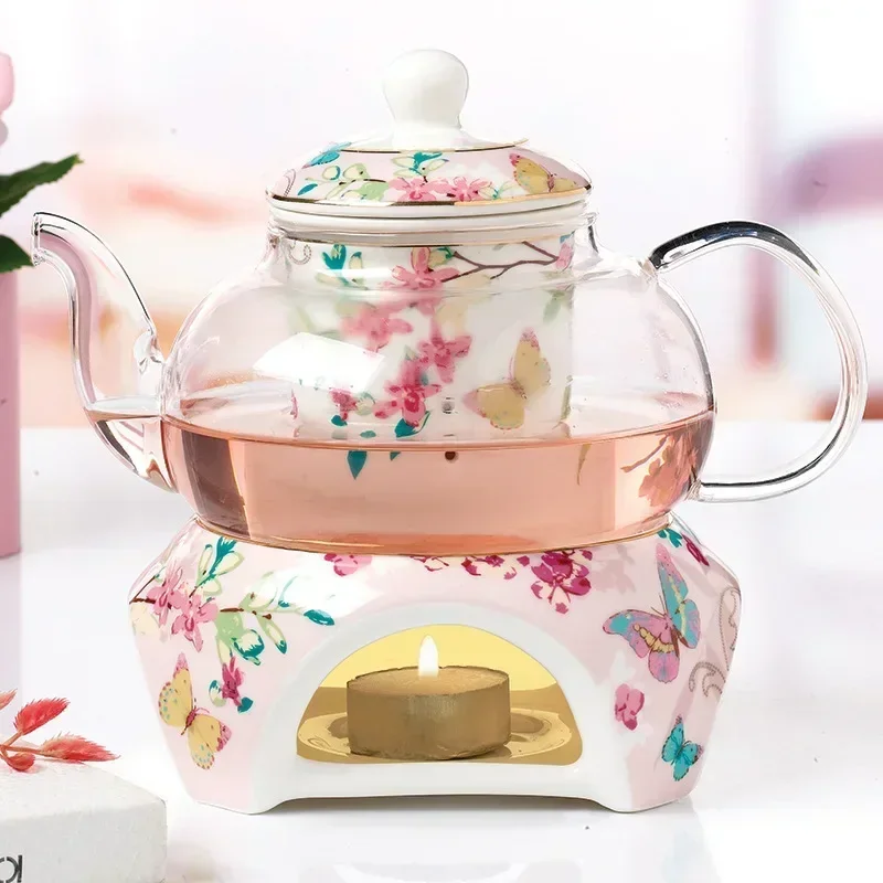 Afternoon Tea Teaware, Coffee Set, Teapot with Bone China Heat-resistant Warm Tea Stove, Borosilicate Glass Heatable Pot