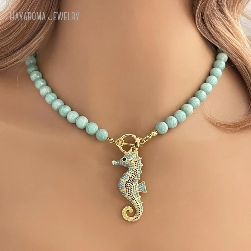 

10Pcs Amazonite Bead Necklace with Turquoise and Gold cOLOR Seahorse Pendant Natural Stone Bead Jewelry Gift For Her