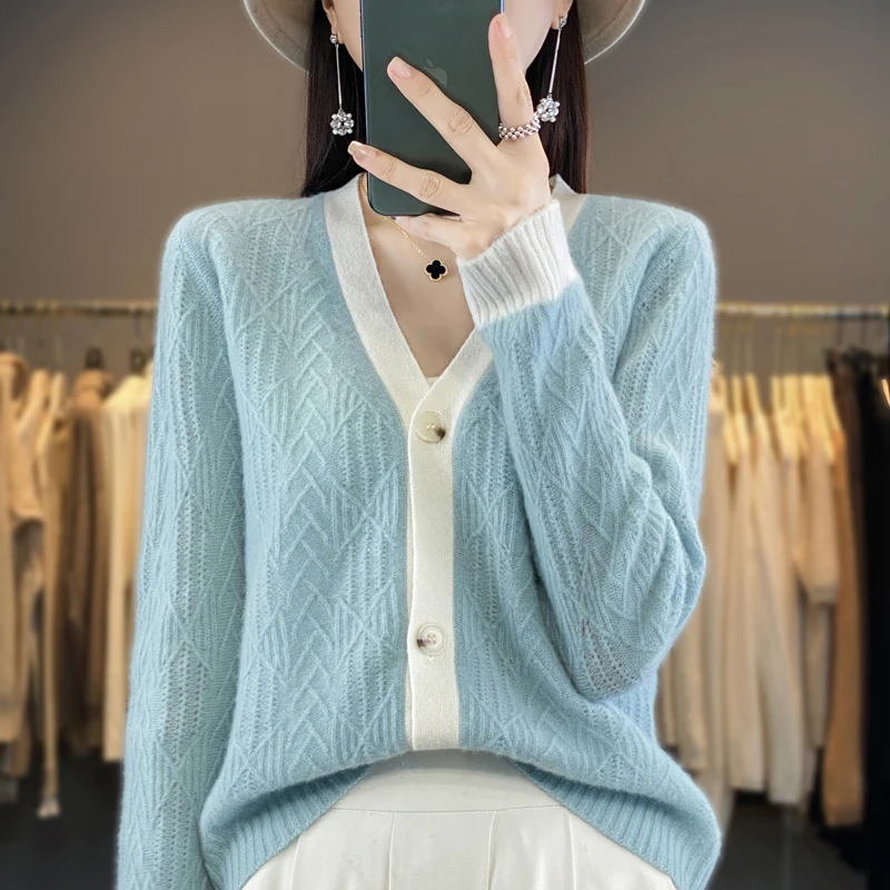 

Women's V-neck cardigan with hollowed out 100% Merino wool sweater autumn winter twisted loose knitted new color blocked design