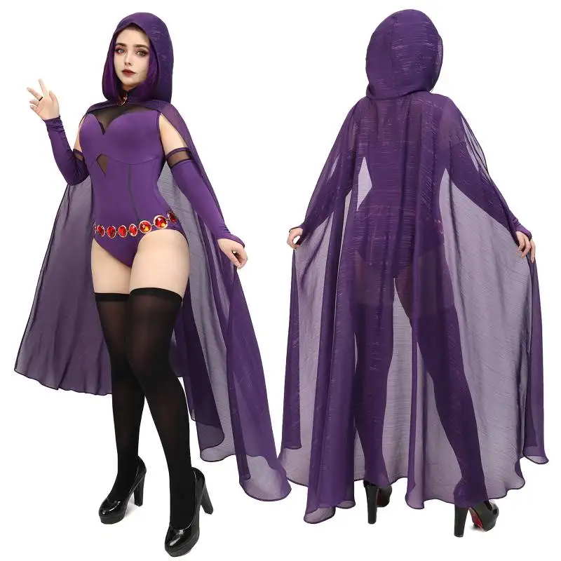 WENAM Magical Girl Cosplay Bodysuit Full Set With Purple Hooded Cloak and Gem Stone Belt Jumpsuit Cloak Belt Suit Halloween