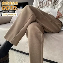 Mode Dikke Wollen Broek Vrouwen Herfst Winter Elegante Hoge Taille Broek Vrouwelijke Casual Fleece Negen-punts Zwart Pak Broek Nieuw