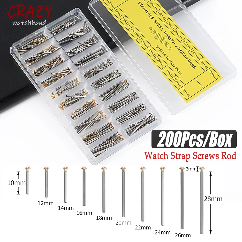 200 peças 10-28mm pulseira de relógio rebite pino parafuso link set-1.3mm pulseira profissional conector pinos barras de mola ferramenta de reparo de relojoeiro