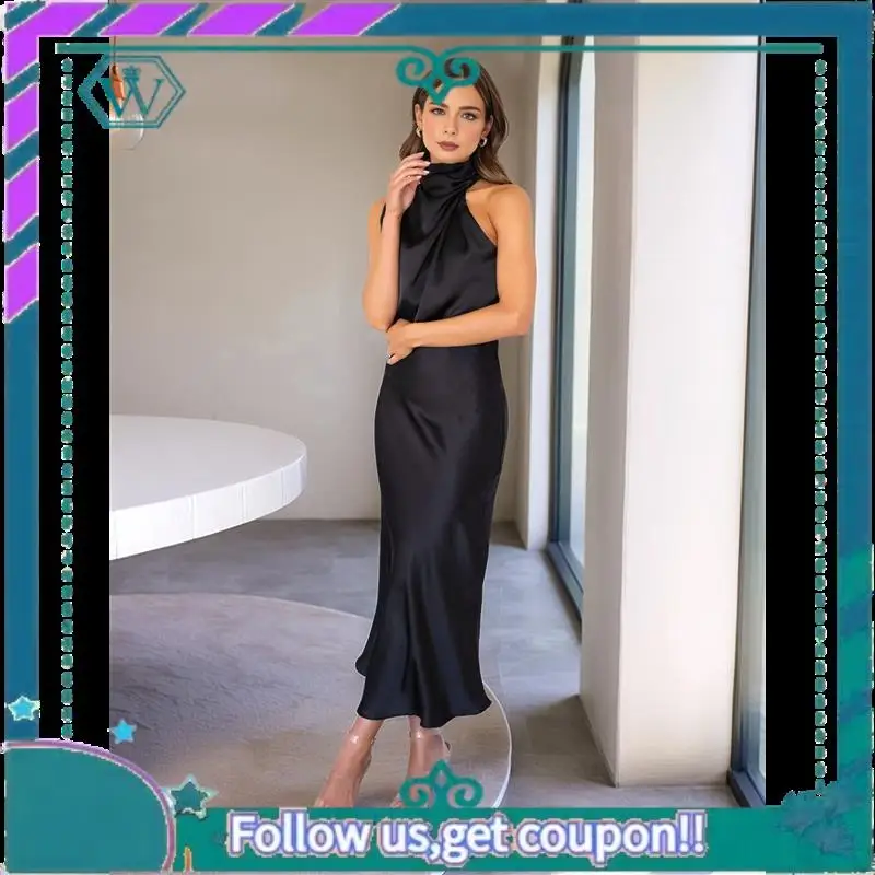 A09P Abito estivo in raso da donna 2025 Abiti lunghi da cocktail party eleganti senza maniche con collo a lupetto