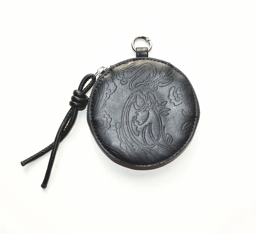 Vintage Embossed Circular Mini Storage Pouch, Black PU Leather Zipper Coin Bag, Portable Tiny Wallet for Daily Stuff