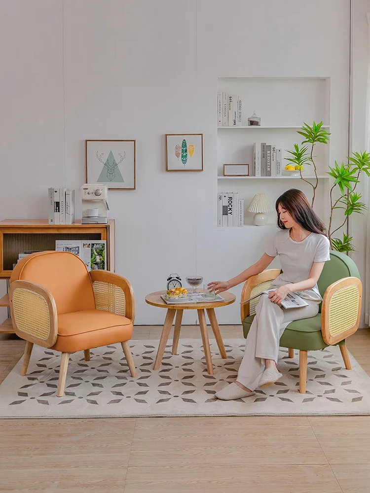 Nordic Solid Wood Single Person Sofa Chairs Living Room Furniture Rattan Weaving Coffee Chair Light Luxury Balcony Leisure Chair