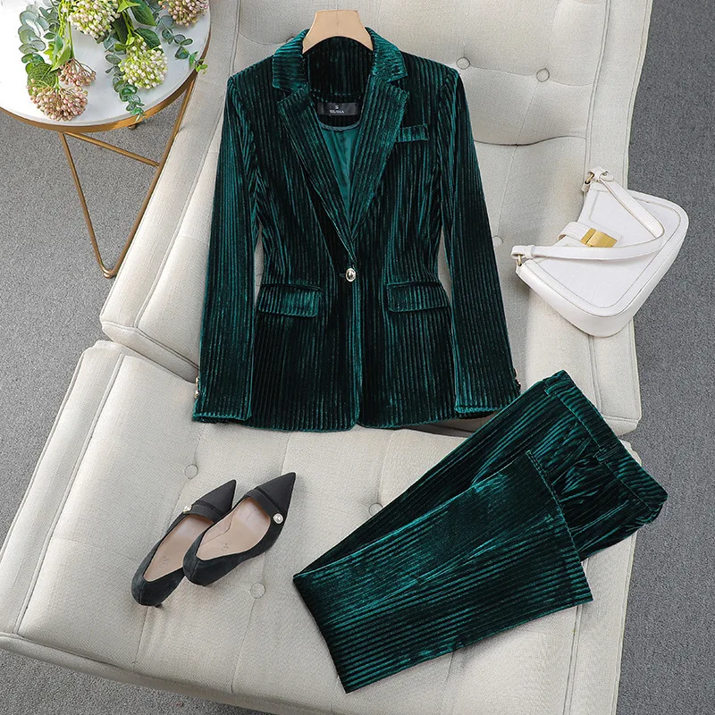 Autumn Winter Golden Coat Blazers Set Women\'s Two Piece Set Corduroy Velvet Suits Long Sleeve Office Lady Wide Legs Pants Suits