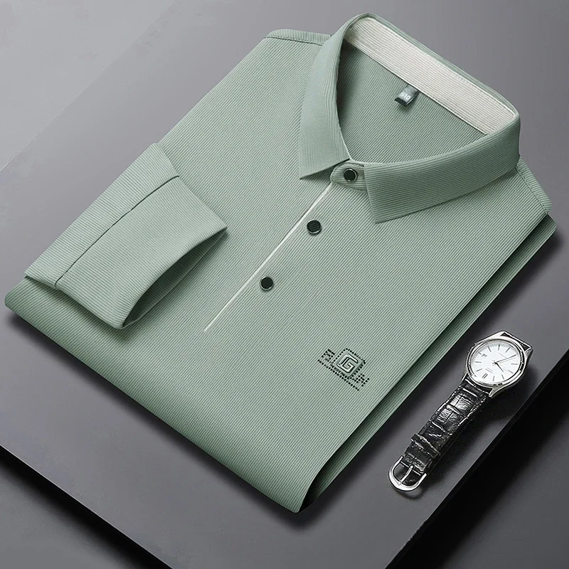 New Men's Business Casual Long Sleeved Shirt with Badge Solid Color Polo Shirt Fashionable Breathable Comfortable Versatile Top