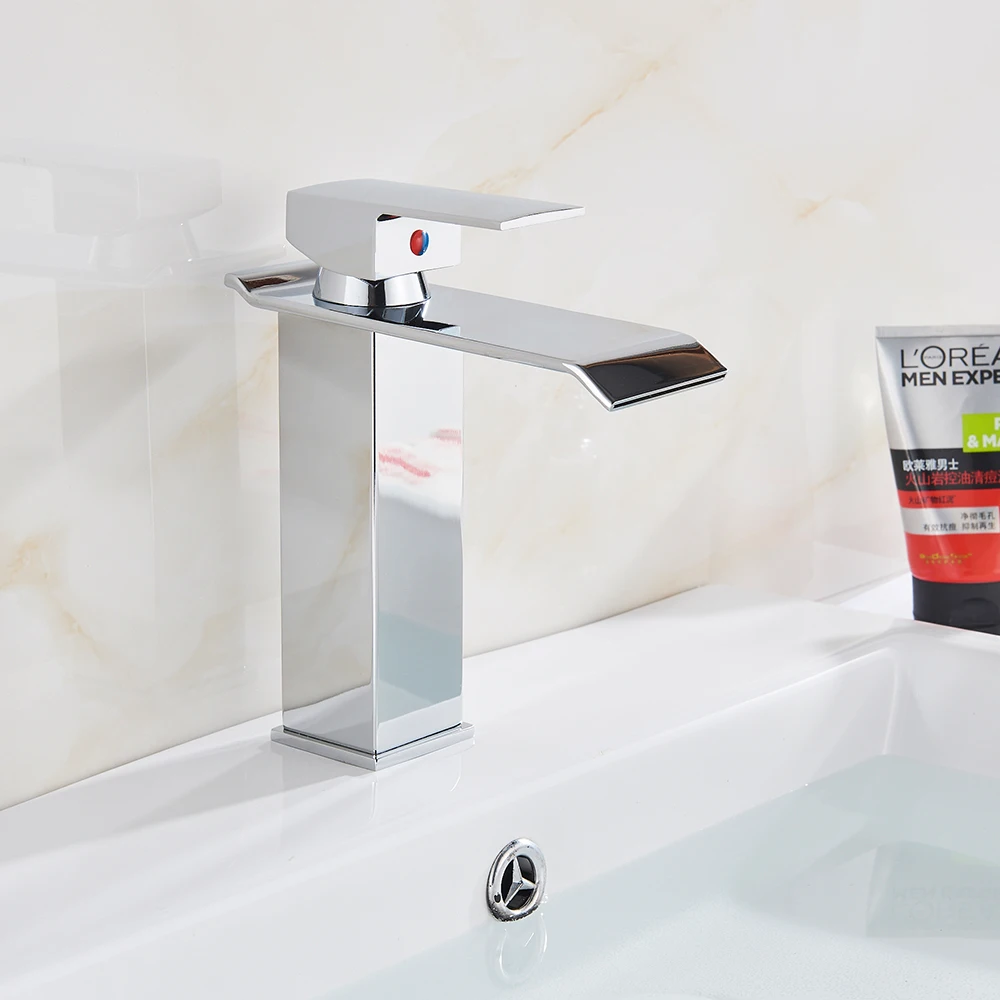 Rozin Waterfall Bathroom Sink Faucet Deck Mount Hot Cold Water Basin Mixer Taps Polished Chrome Lavatory Sink Tap