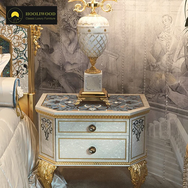 *Class Luxury Nightstand Wood Carved White Blue Gold Design 2-Drawer Bedside Table for Villa Bedroom Furniture