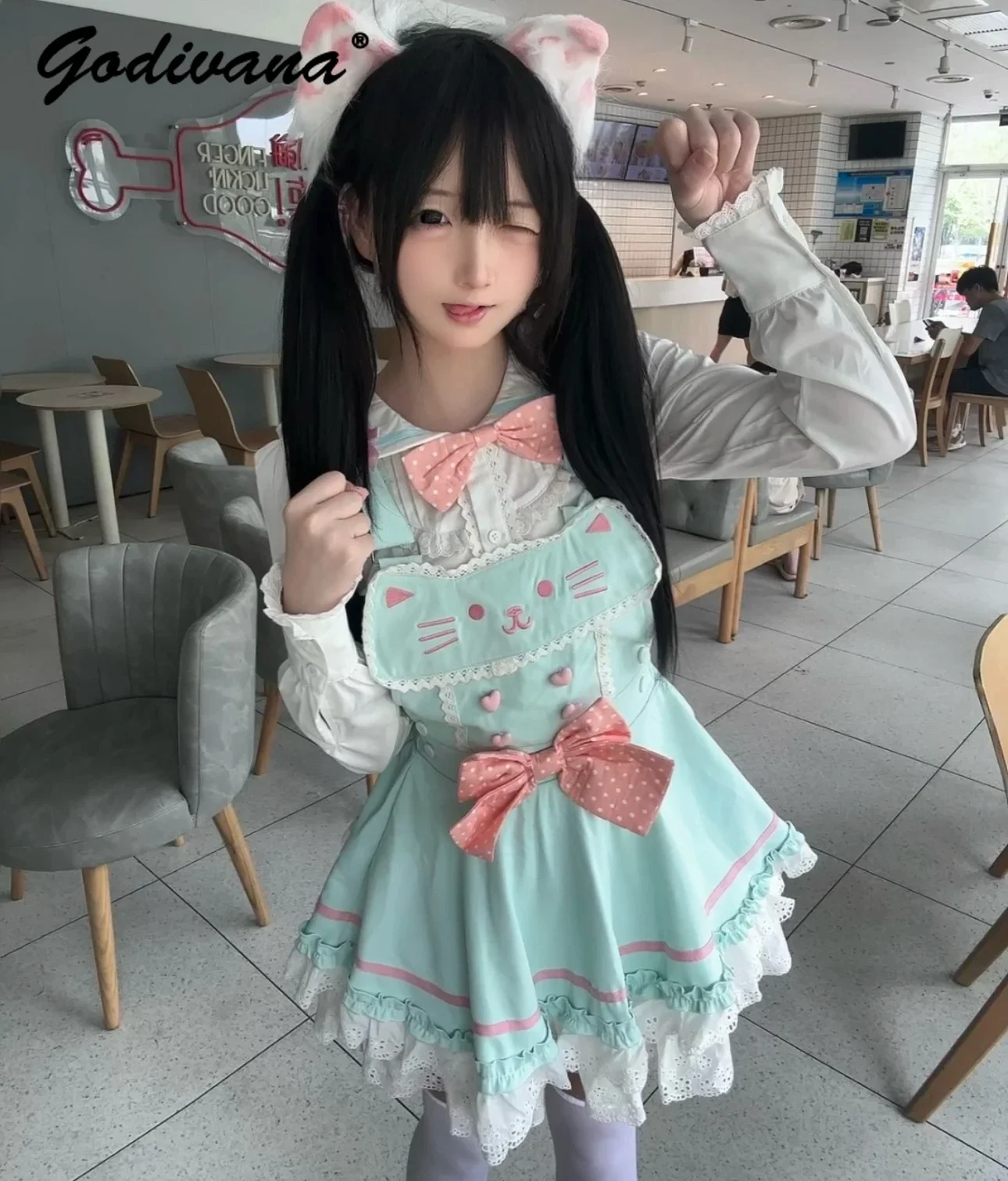 New Kawaii Cat Mint Cute Bow Navy Collar Long Sleeve Embroidered Shirt Strap Skirt 2 Piece Set Girl Women's Suspender Skirt Set