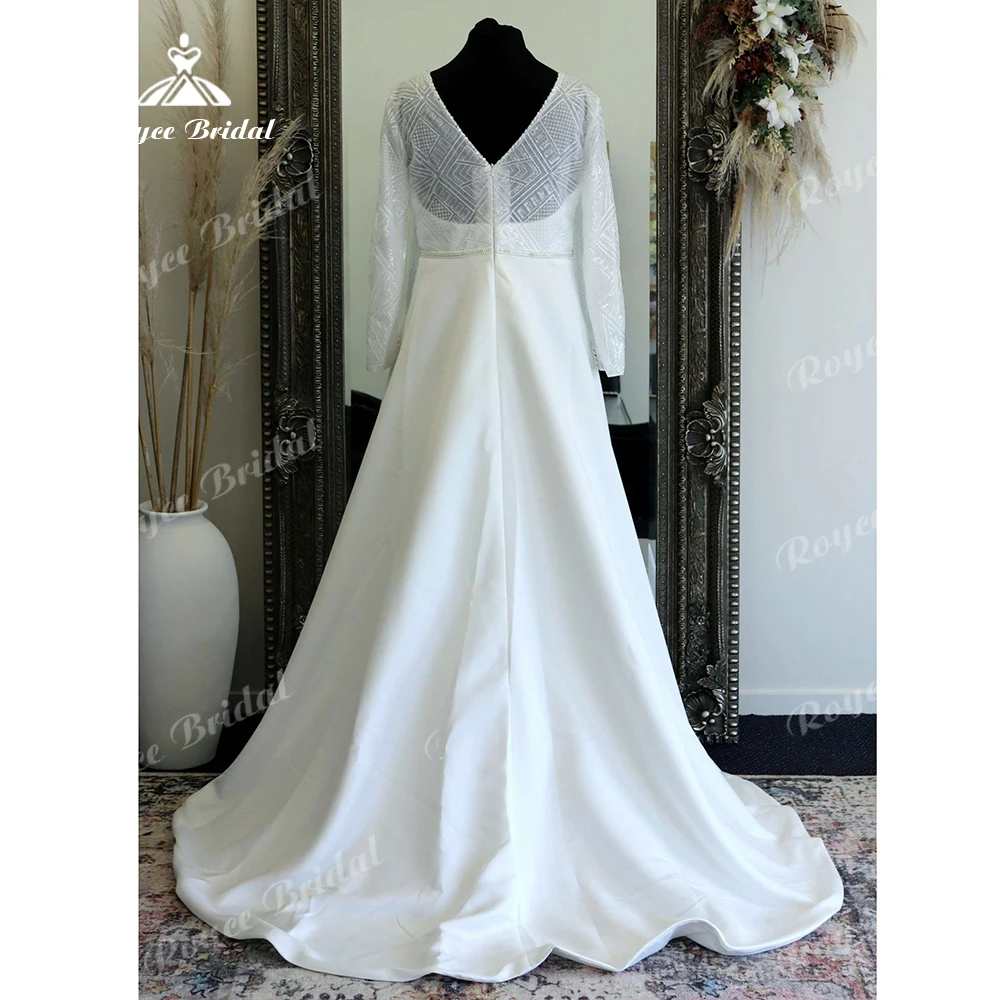 Roycebridal Plus Size Women Long Sleeve Beach Wedding Dress 2025 Abito Sposa Plunging Bridal A Line Satin Wedding Gowns