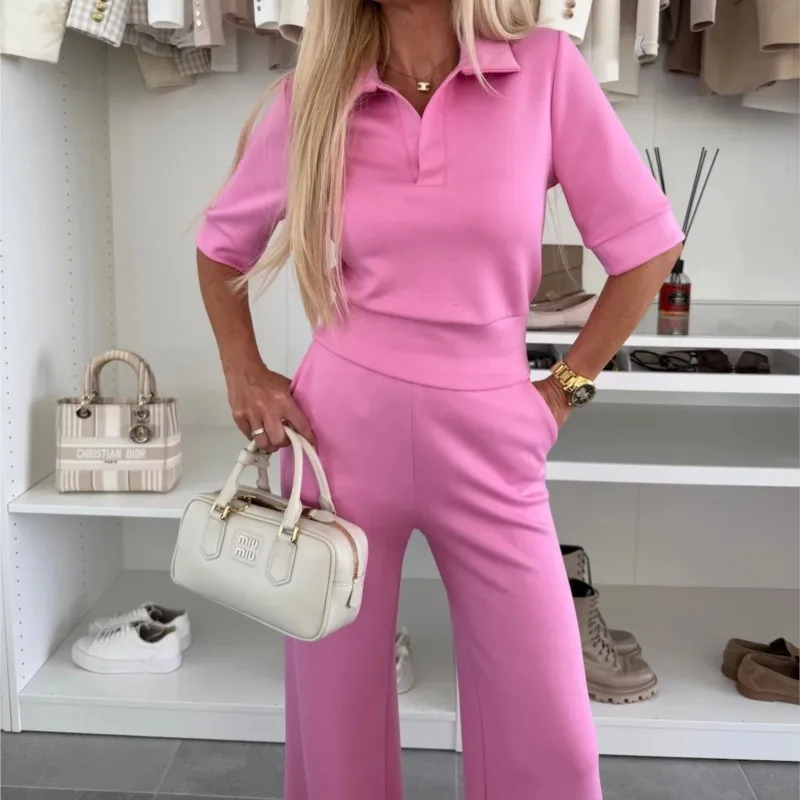 

2025 Autumn Casual New Women's Casual Home Set Solid Color Short Sleeve Notch Collar Top Elastic Waist Wide Leg Pants Two Piece