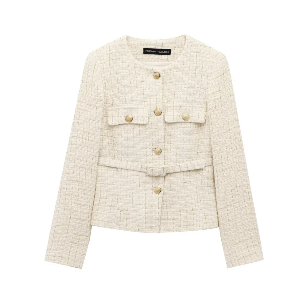 

2025 BM MD ZA Women's Long - sleeve Tweed Jacket in Cream with Gold Buttons and Belt Detail Classic and Chic Outerwear