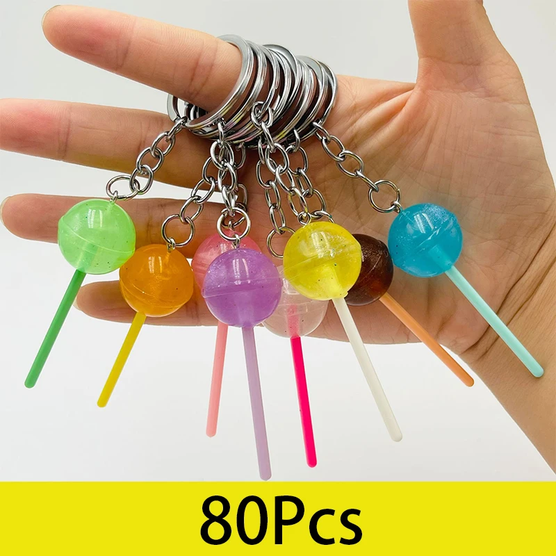 80Pcs Lovely Resin Candy Lollipop Keychain Mini 3D Simulation Key Rings for Men Women Handbag Pendants DIY Kids Jewelry Gifts