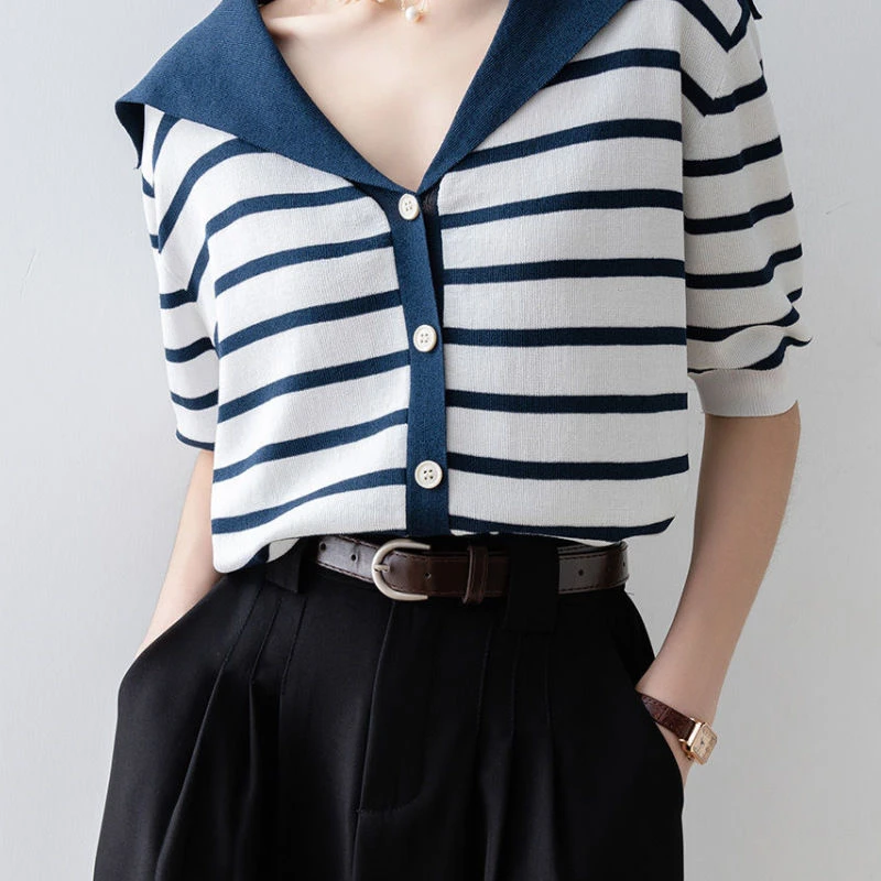 

Striped Knitted Sweater Spring and Summer New Cardigan Navy Thin Contrasting Color Chic Short-sleeved Age Reduction Top