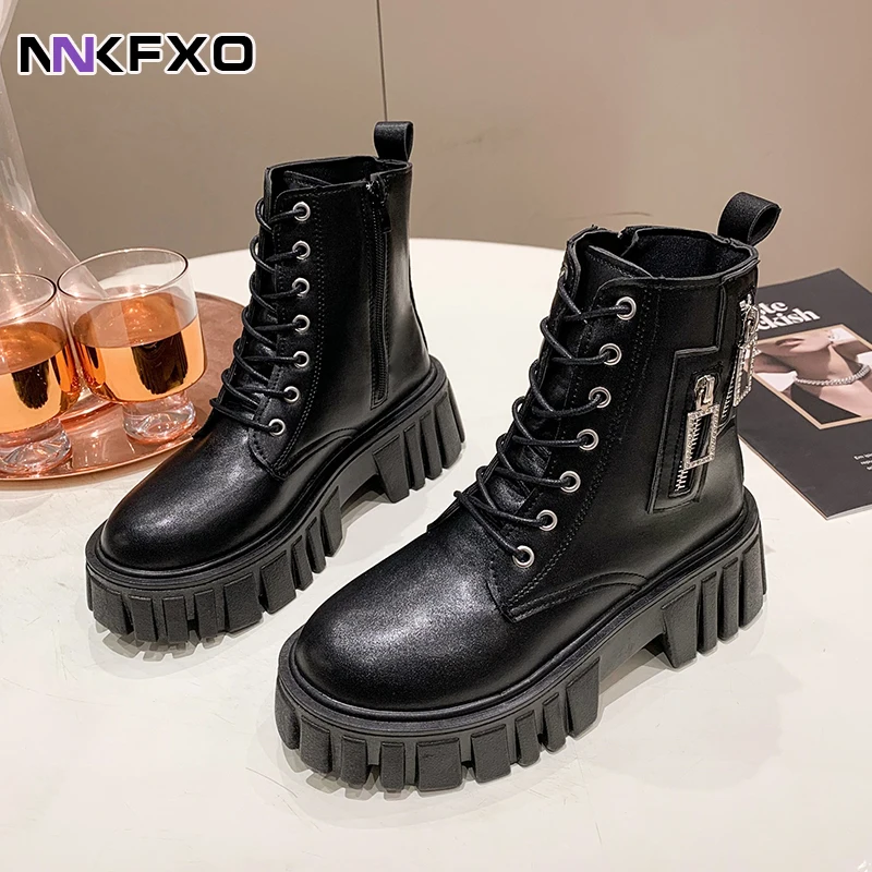 

2023 Women's Ankel Boots Autumn Winter Boots Round Toe Square Heels Boots with Fake Zipper Decoration Front Lace Up Boots QB358