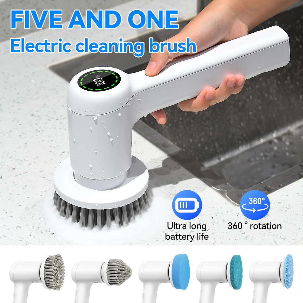 5in1 Electric Cleaning Brush for Kitchen Bathroom Wireless Handheld Power Spin Scrubber for Dishes Pots Pans Cleaning Tools