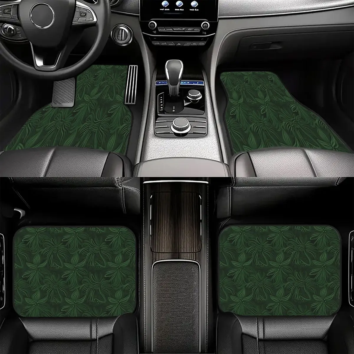 4pcs Set Of Crystal Velvet Hand-painted Green Leaf Pattern Car Floor Mats, Durable And Easy To Clean, Machine Washable And Hand