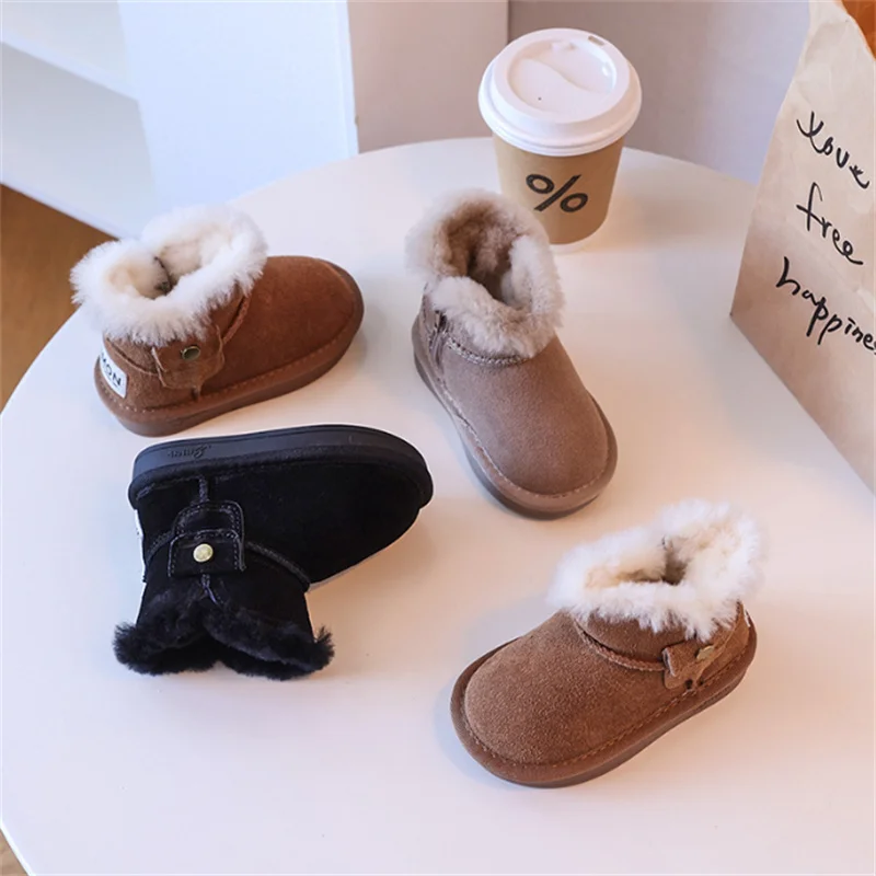 Genuine Leather 2024 Winter Children Snow Boots Soft Sole Warm Plush Pocket Design Zip Side Kid Shoes Fashion Toddler Girls Boot