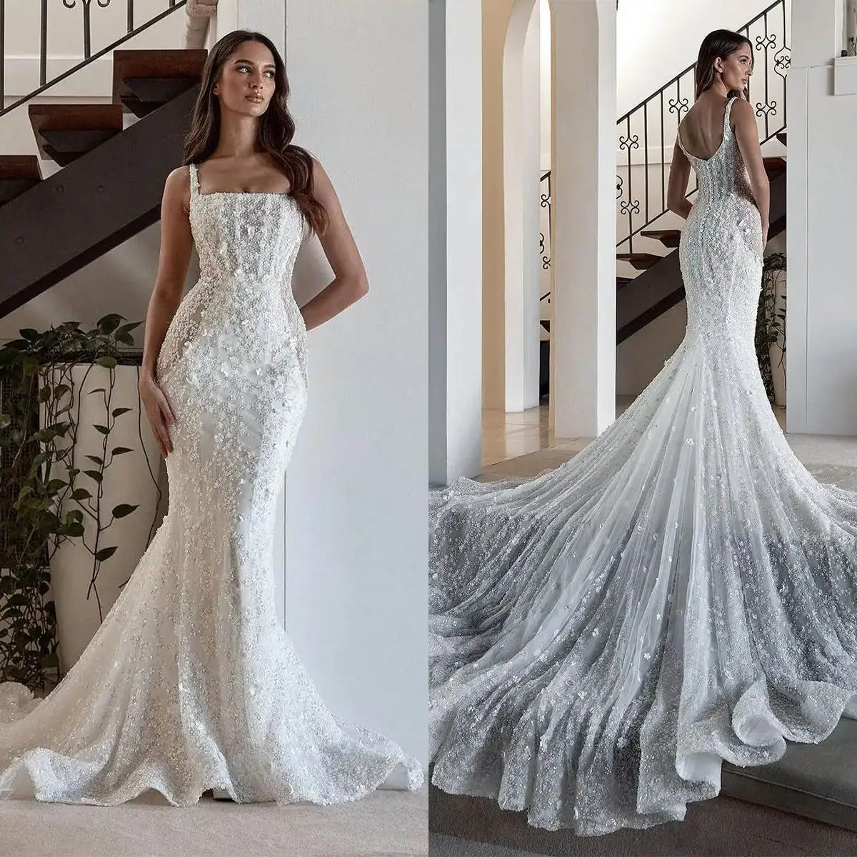New Arrival Wedding Dress Mermaid Square Collar Appliques Sleeveless Floor-Length Bridal Gowns Vestido De Noiva Custom Made