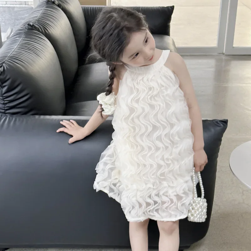 Girls Summer Dress Medium and Small Children Mesh Skirt 2024 Children Princess Elegant Romantic Vacation Dress Bow