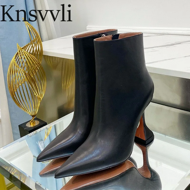 

Sexy High Heels Ankle Boots For Ｗomen Pointed Toe Runway Party Shoes Women Genuine Leather Strange Style Heels Short Boots Woman