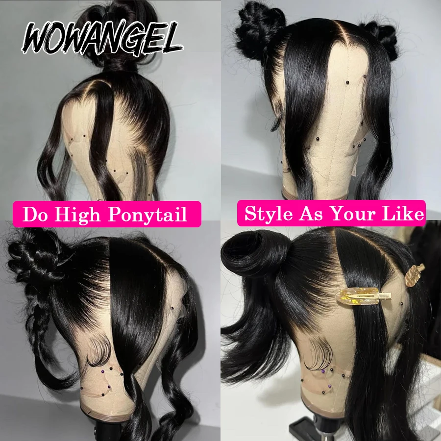 Wow Angel 250% 360 HD 레이스 정면 가발, 스트레이트 풀 레이스 레미 헤어 가발, 여성용 포니테일 미리 뽑은 인모 가발