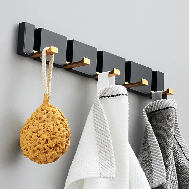 Folding Towel Hanger 2 ways Installation Wall Hooks Coat Clothes Holder for Bathroom Kitchen Bedroom Hallway, Black Gold