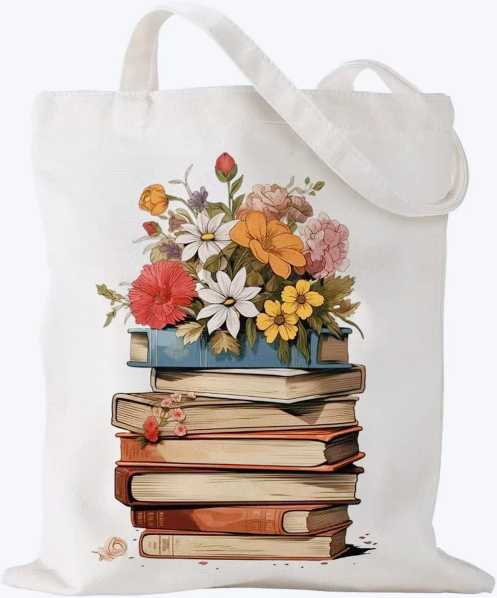 

Vintage Literature Beige Canvas Shoulder Bag with Stacked Books and Wildflowers Suitable for Daily Commuting. Tote Bag