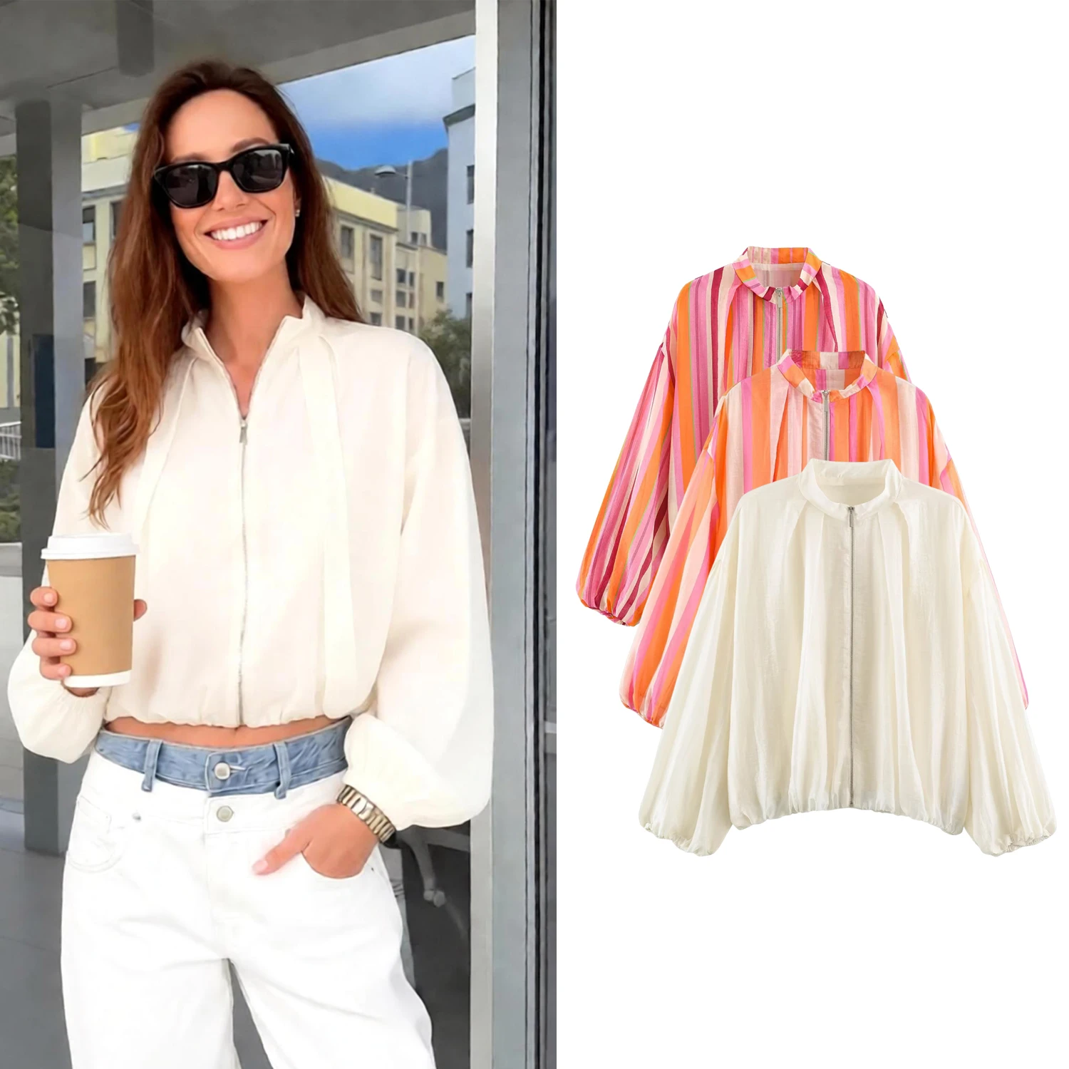 Women Striped Pilot Jackets Spring Autumn Female Elegant White Jacket With Zipper Lady Streetwear Full Sleeve Casual Loose Coats