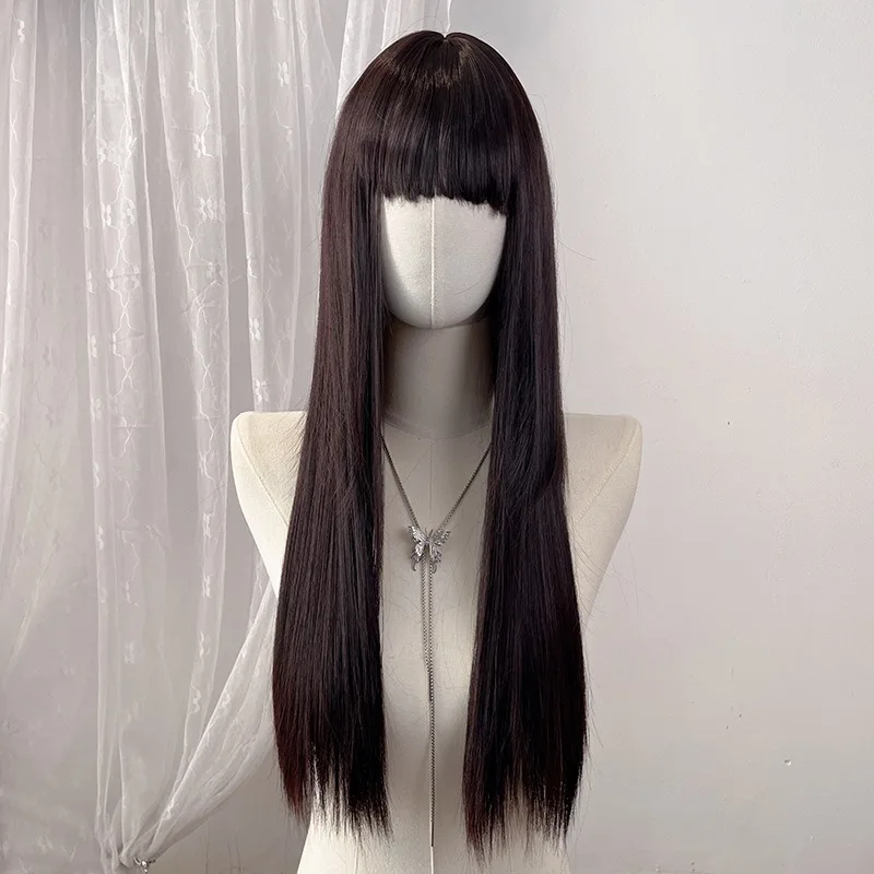 Colored Flat Bangs Long Straight Synthetic Wig for Women