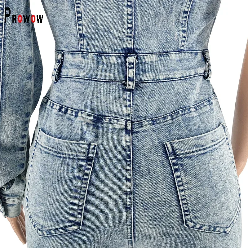 Prowow Women Jumpsuits Fashion One Sleeve Denim Overalls Rompers Blue Color Slim Fit Fashion Trend Female Streetwear