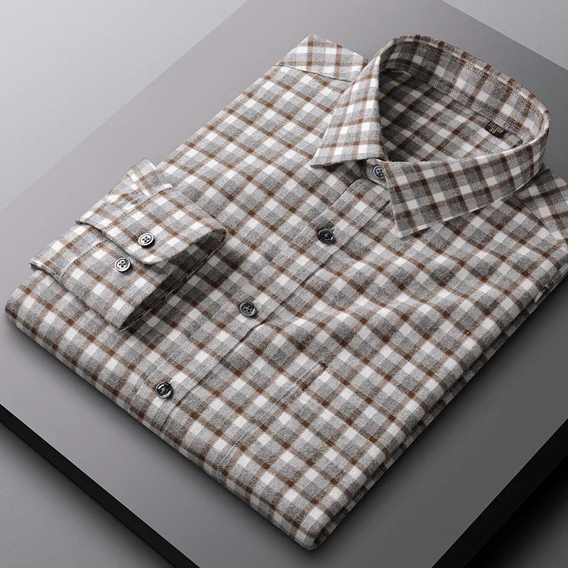 New in shirt 100%cotton sanding long-sleeve shirts for men houndstooth Smart Casual single pocket soft top hight qulity clothes