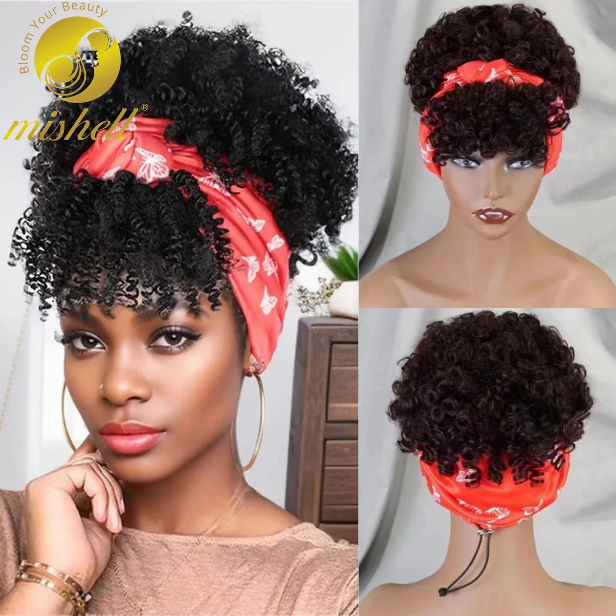 Peruca Afro Kinky Curly com Franja para Mulheres, 100% Cabelo Humano, Natural Bouncy, Feita à Máquina, Estilo Lenço, Preto, Densidade a 180%