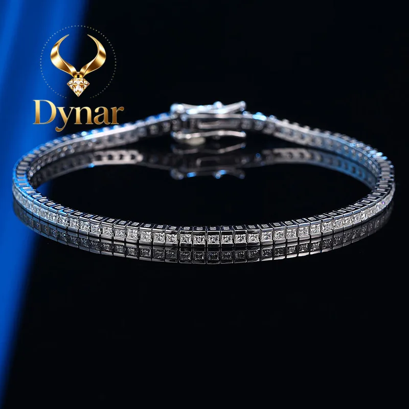 

Dynar Jewelry Luxury Solid Platinum PT950 Women's 2MM Moissanite Diamond Princess Square Bracelet Full Diamond Bracelet