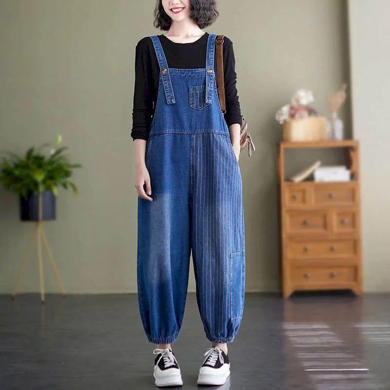 

Denim Jumpsuits for Women Korean Fashion Rompers Striped Casual Vintage Playsuits Straight Harem Pants One Piece Outfit Women