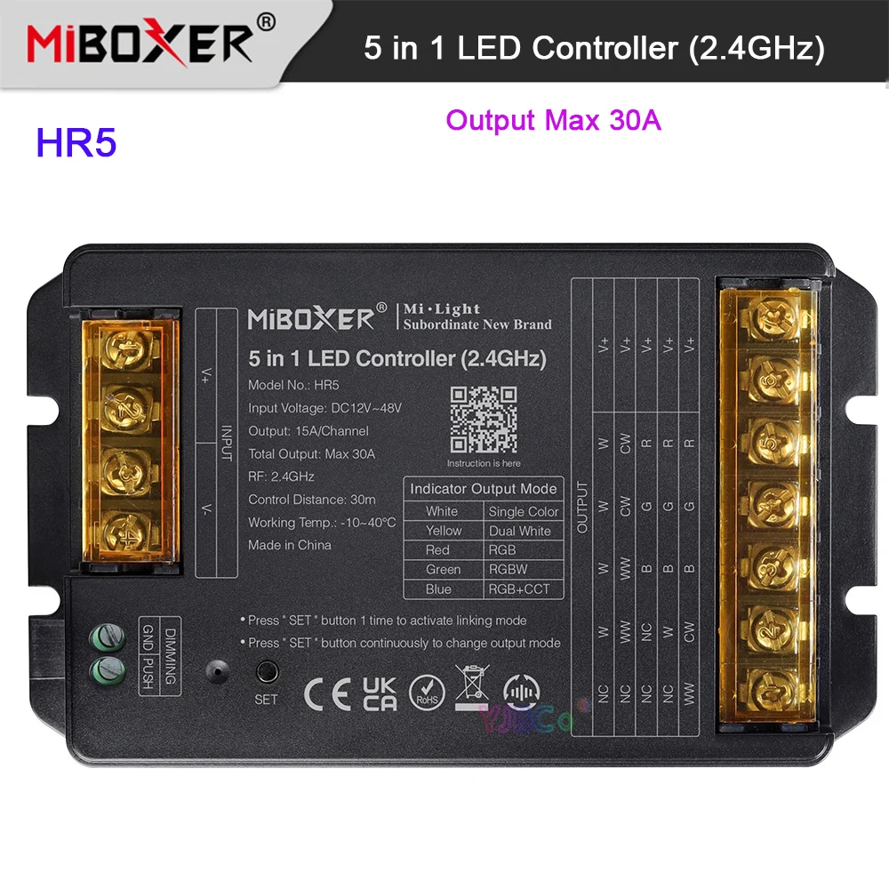 

Miboxer Single color/Dual white/RGB/RGBW/RGB+CCT 2.4G 5 in 1 LED Controller 12V~48V 24V Max 30A 2.4GHz RF Remote PUSH dimmer