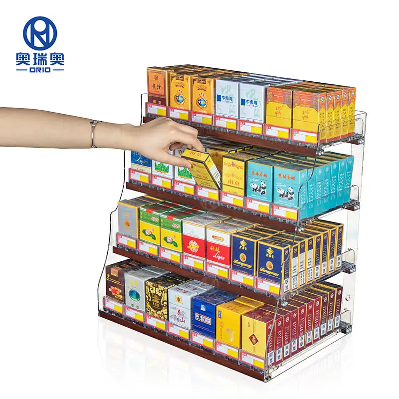 Trapezoidal Cigarette Display Cabinet Rack, Woodgrain Aluminium Tobacco Stores Shelving Supermarket Cigarette Display Shelf Rack