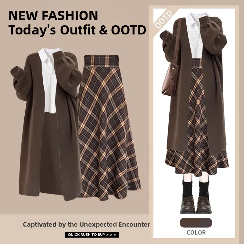 

Winter Faion Set Women's High Waist Plaid Skirt Long Sve Collar Coat Base irt Tee Piece Set Korean Sle