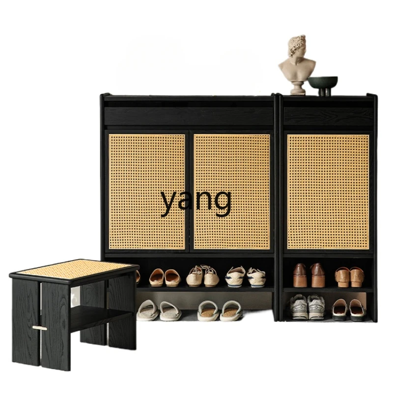 

Yjq Rattan Shoe Cabinet Solid Wood Home Entrance Cabinet Home Doorway Storage Shoe Rack with Stool Combination