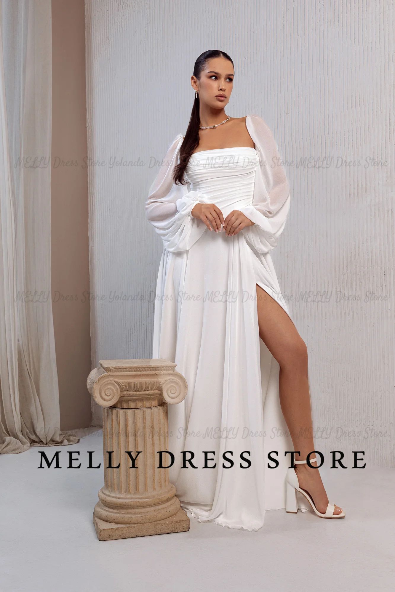 Melly Wedding Dress Bohemian Ruched Chiffon amanda novias oficial Puff Long Sleeve High Slit Sweep Train Bride Dress Customized