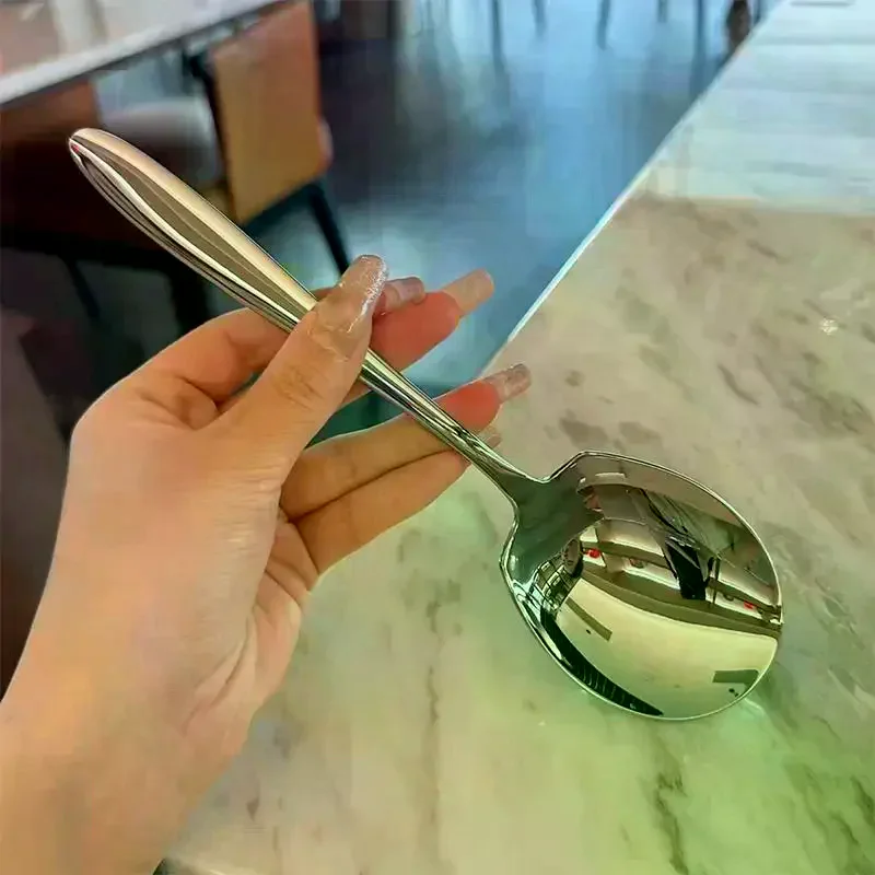Stainless Steel Rice Spoon Ergonomic Metal Serving Spoon Kitchen Flatware Spoon Durable Thickening Long Handle Spoon Large