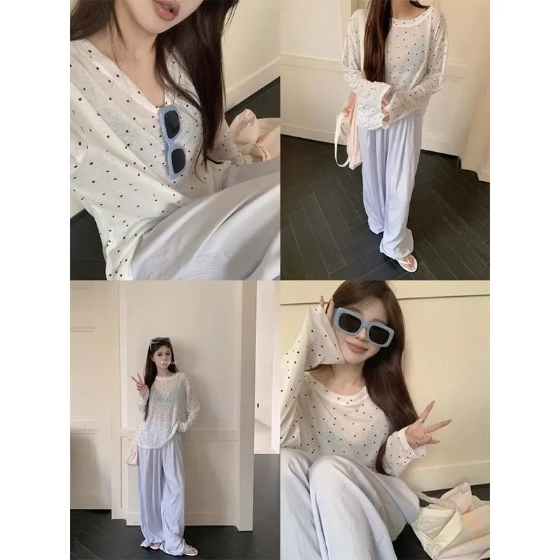 

Wave Point Ice Silk Long Sleeve Sunscreen T-shirt Summer New Style Loose and Large Round Neck Hoodie Thin Edition Outerwear Top